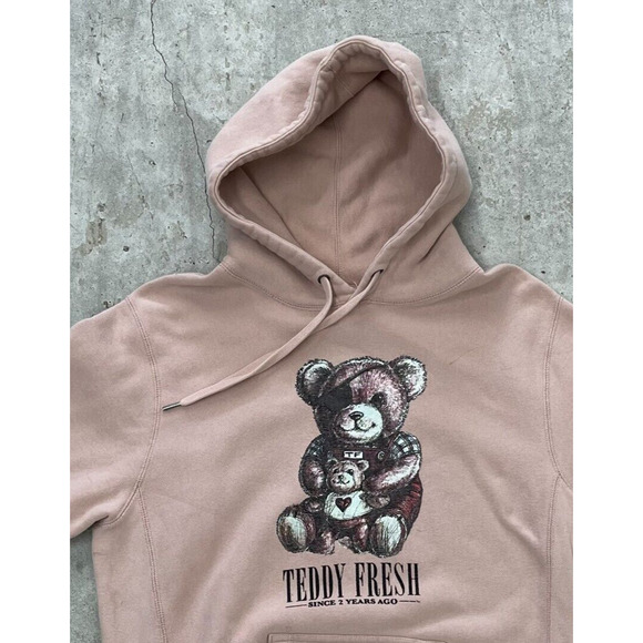 Teddie Fresh Hoodie Mens Small Pink Teddy Bear Graphic Pullover Sweatshirt - Picture 1 of 13